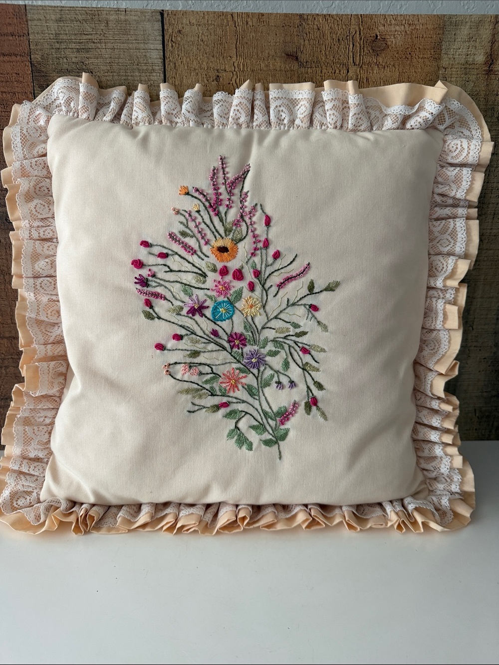 Peach Floral Embroidered Botanical Throw Pillow with Lace Ruffle